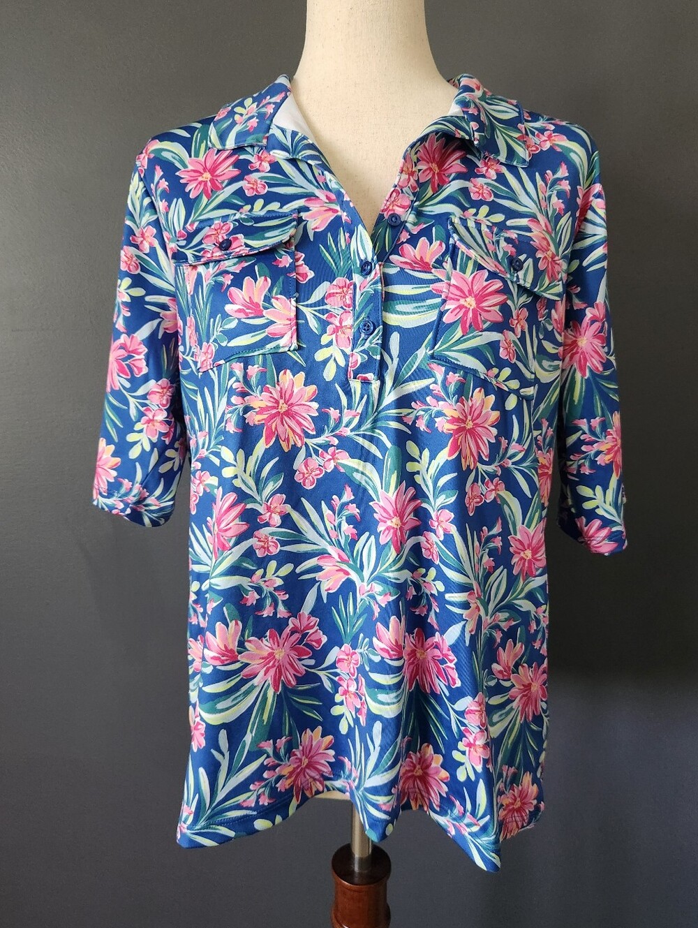 Stella Parker Floral Double Pocket Short Sleeve Women's Large Vacation Vibes Top